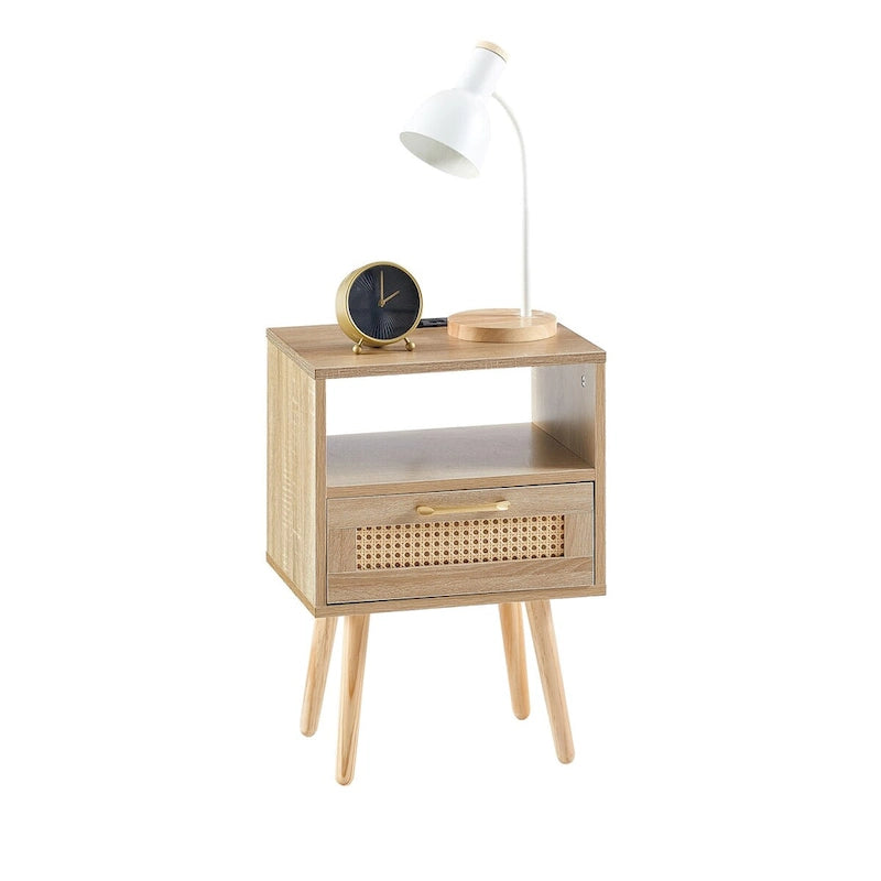 Table de chevet en rotin naturel/blanc/noir avec tiroir et ports USB, veilleuse pour 1 personne