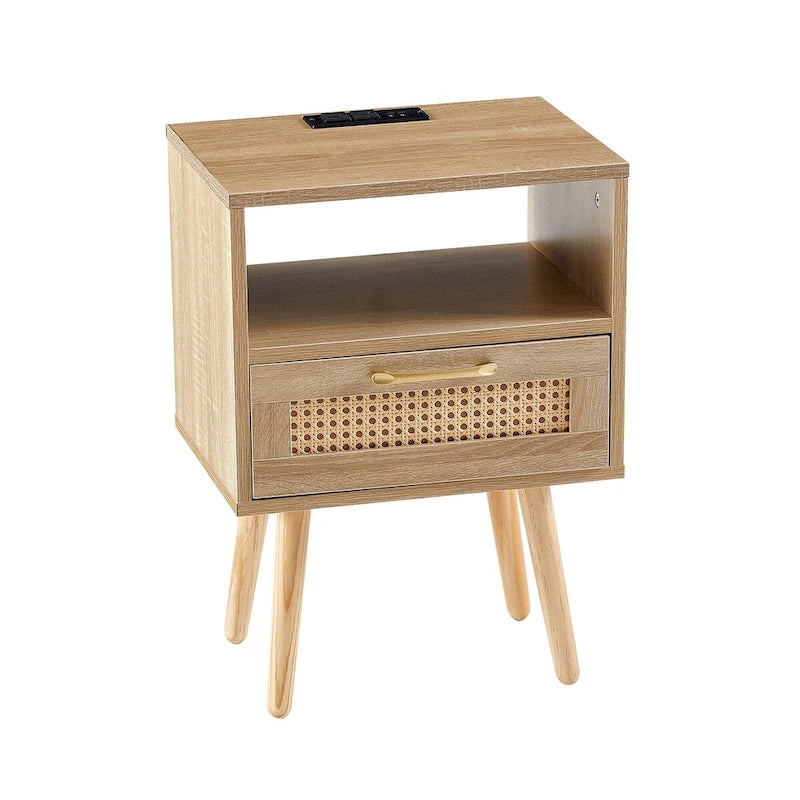 Table de chevet en rotin naturel/blanc/noir avec tiroir et ports USB, veilleuse pour 1 personne