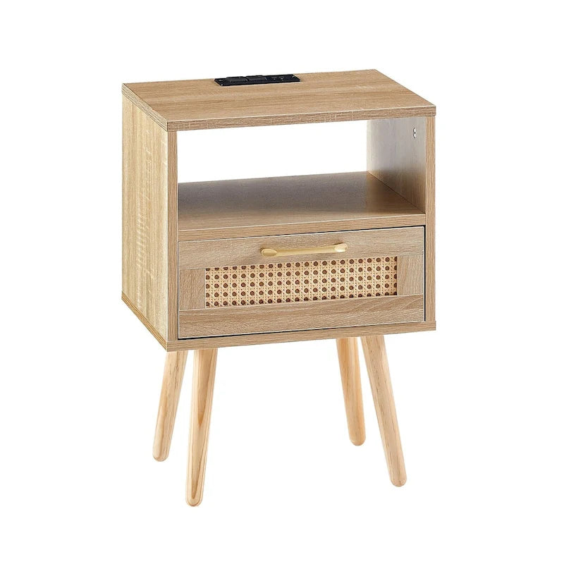 Table de chevet en rotin naturel/blanc/noir avec tiroir et ports USB, veilleuse pour 1 personne