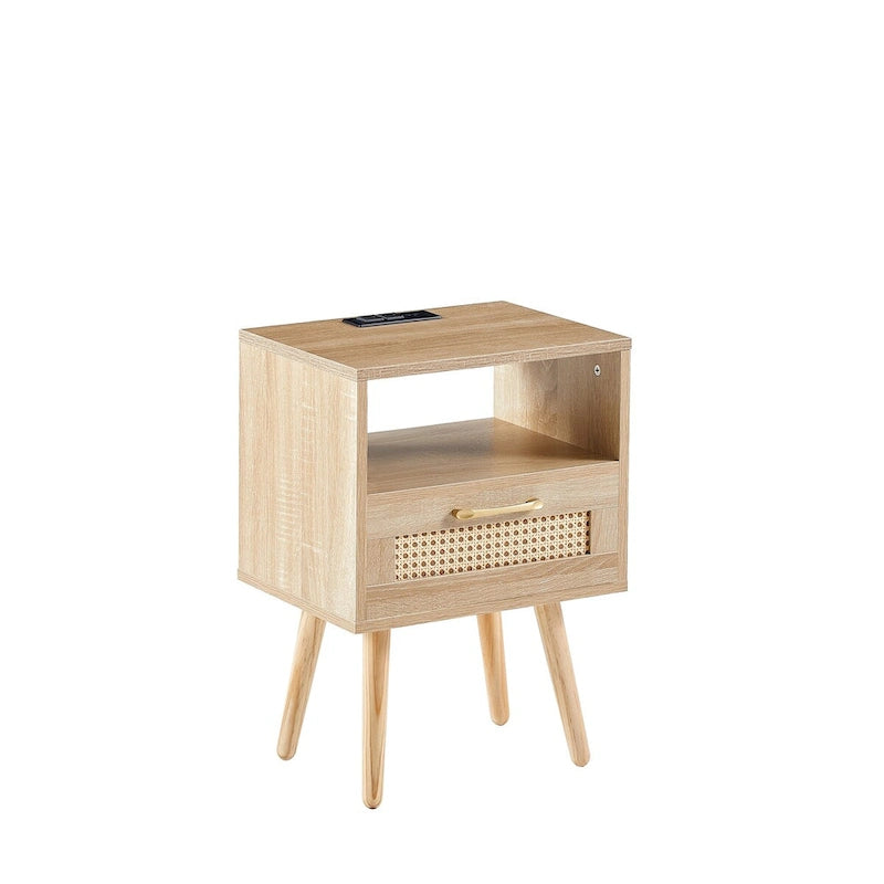 Table de chevet en rotin naturel/blanc/noir avec tiroir et ports USB, veilleuse pour 1 personne