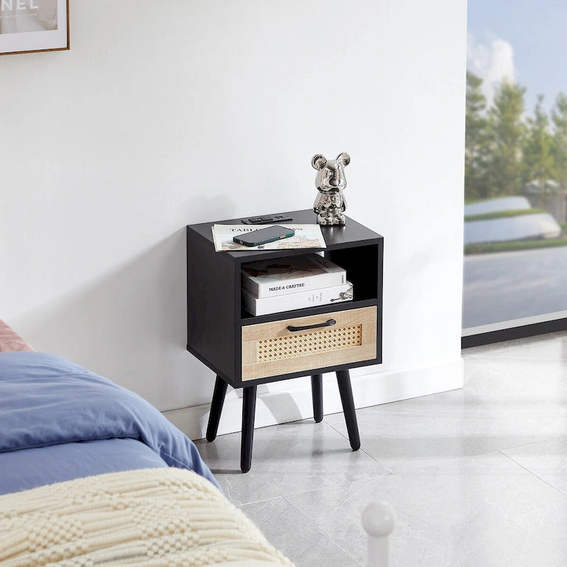 Table de chevet en rotin naturel/blanc/noir avec tiroir et ports USB, veilleuse pour 1 personne