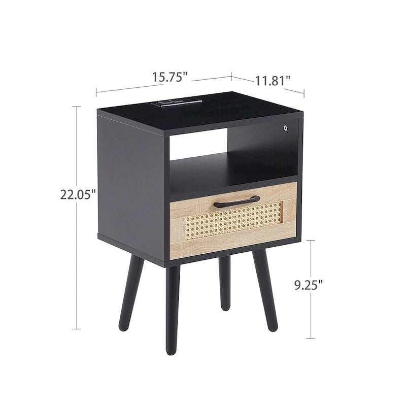 Table de chevet en rotin naturel/blanc/noir avec tiroir et ports USB, veilleuse pour 1 personne