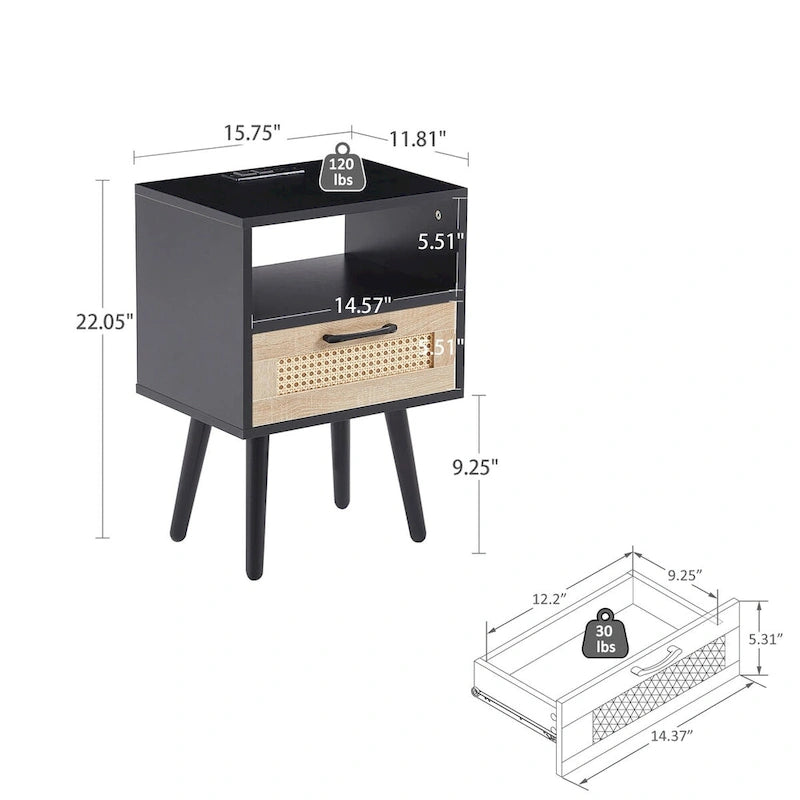 Table de chevet en rotin naturel/blanc/noir avec tiroir et ports USB, veilleuse pour 1 personne