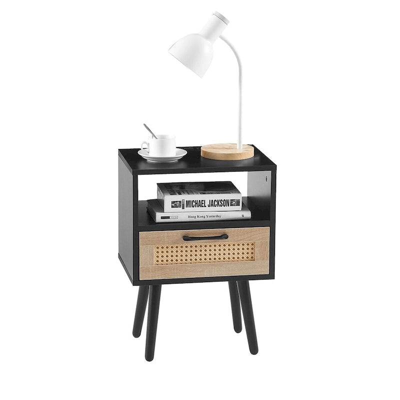 Table de chevet en rotin naturel/blanc/noir avec tiroir et ports USB, veilleuse pour 1 personne