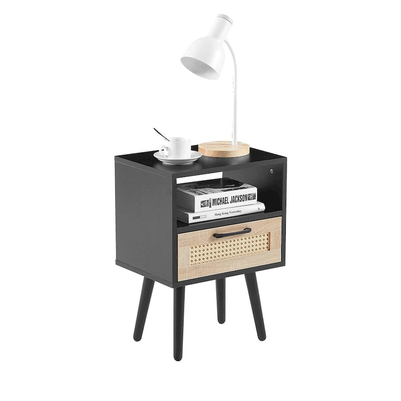 Table de chevet en rotin naturel/blanc/noir avec tiroir et ports USB, veilleuse pour 1 personne
