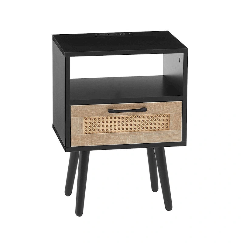 Table de chevet en rotin naturel/blanc/noir avec tiroir et ports USB, veilleuse pour 1 personne