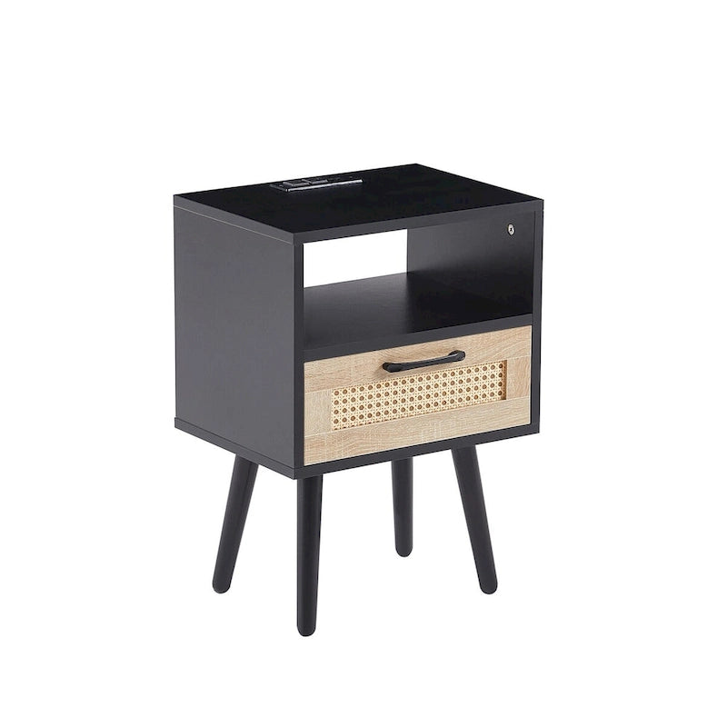 Table de chevet en rotin naturel/blanc/noir avec tiroir et ports USB, veilleuse pour 1 personne