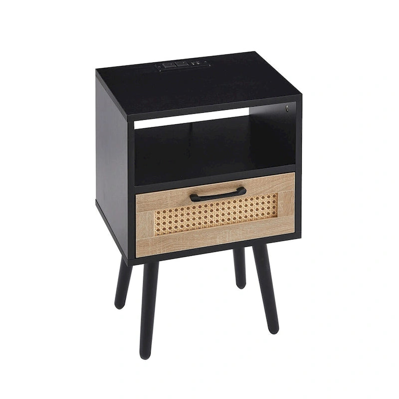 Table de chevet en rotin naturel/blanc/noir avec tiroir et ports USB, veilleuse pour 1 personne