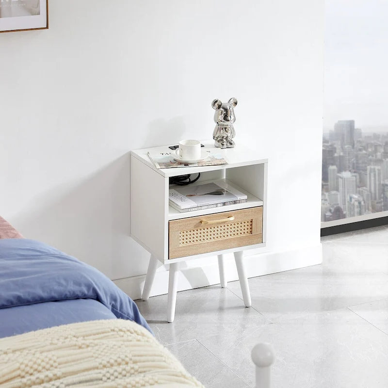 Table de chevet en rotin naturel/blanc/noir avec tiroir et ports USB, veilleuse pour 1 personne