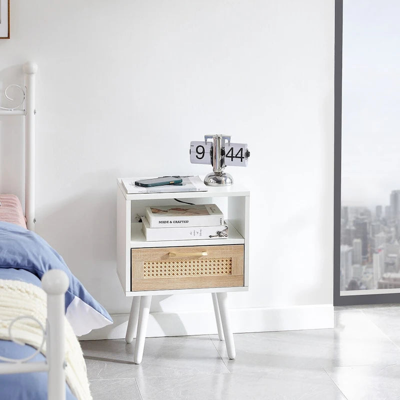 Table de chevet en rotin naturel/blanc/noir avec tiroir et ports USB, veilleuse pour 1 personne