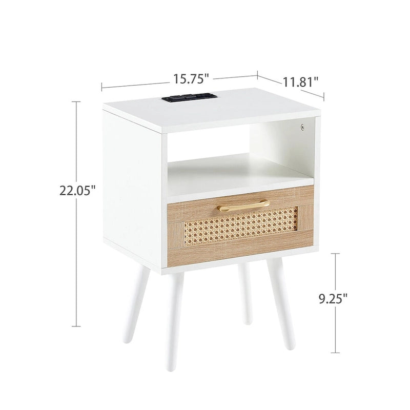 Table de chevet en rotin naturel/blanc/noir avec tiroir et ports USB, veilleuse pour 1 personne