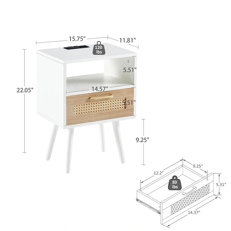 Table de chevet en rotin naturel/blanc/noir avec tiroir et ports USB, veilleuse pour 1 personne