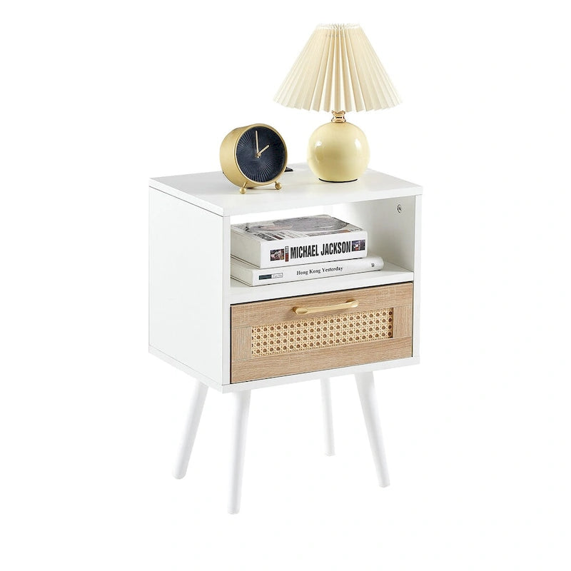 Table de chevet en rotin naturel/blanc/noir avec tiroir et ports USB, veilleuse pour 1 personne
