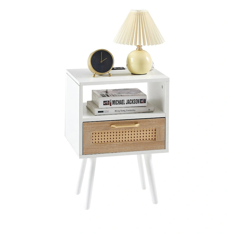 Table de chevet en rotin naturel/blanc/noir avec tiroir et ports USB, veilleuse pour 1 personne