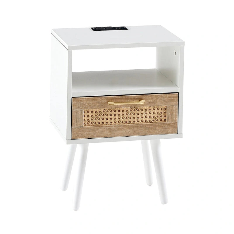 Table de chevet en rotin naturel/blanc/noir avec tiroir et ports USB, veilleuse pour 1 personne