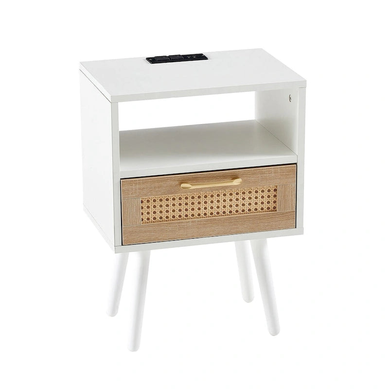 Table de chevet en rotin naturel/blanc/noir avec tiroir et ports USB, veilleuse pour 1 personne