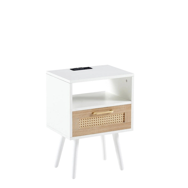 Table de chevet en rotin naturel/blanc/noir avec tiroir et ports USB, veilleuse pour 1 personne
