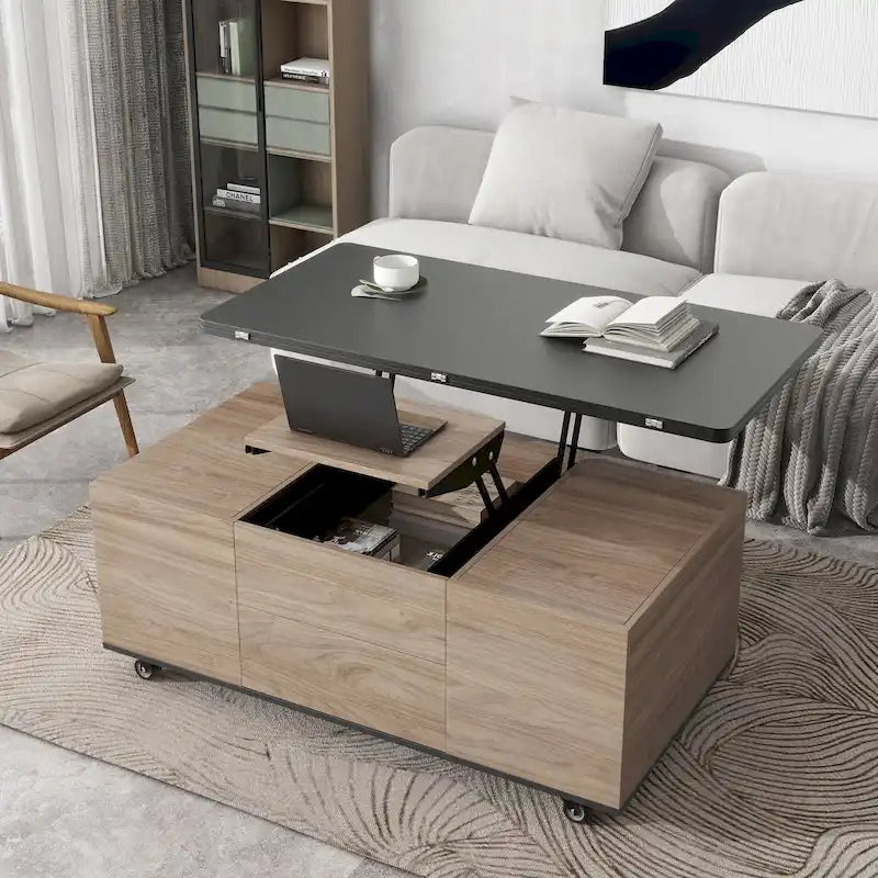 Table basse relevable marron/blanc avec rangement, pour 1 à 2 utilisateurs