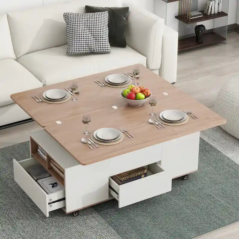 Table basse relevable marron/blanc avec rangement, pour 1 à 2 utilisateurs