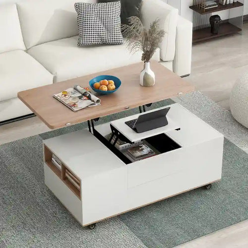Table basse relevable marron/blanc avec rangement, pour 1 à 2 utilisateurs