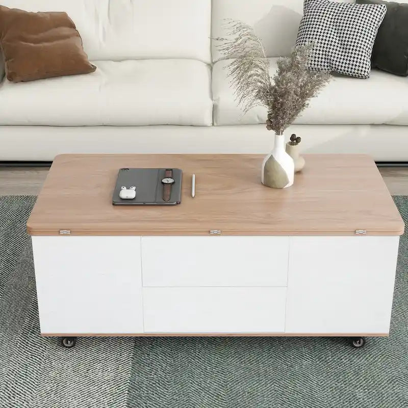 Table basse relevable marron/blanc avec rangement, pour 1 à 2 utilisateurs