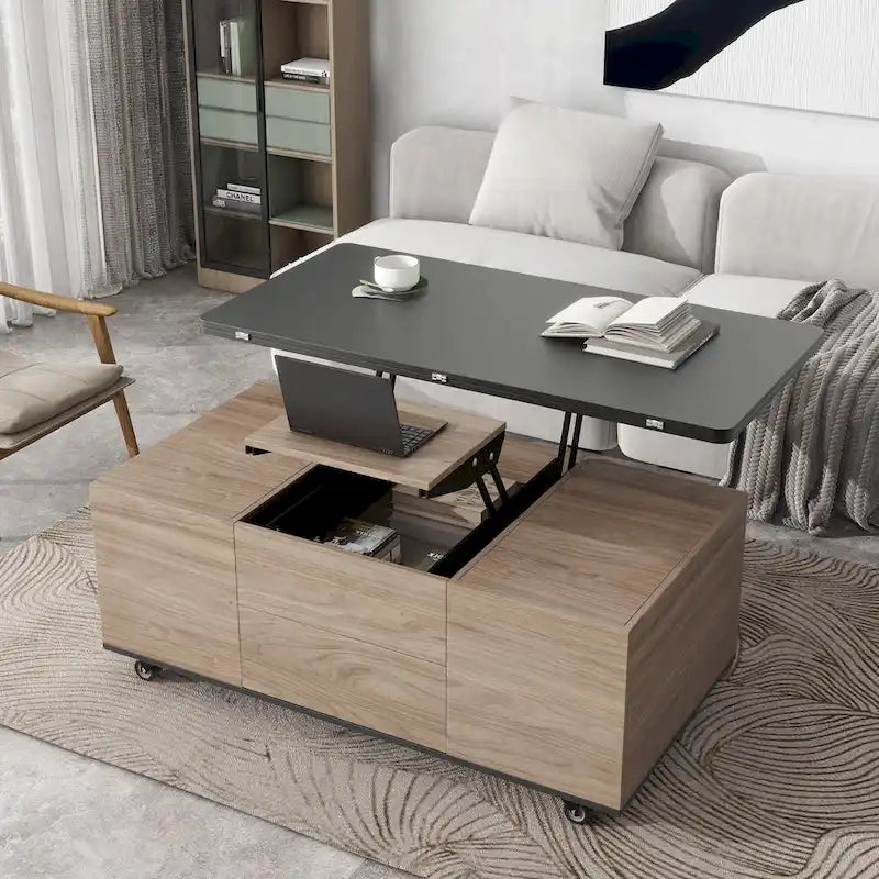 Table basse relevable marron/blanc avec rangement, pour 1 à 2 utilisateurs