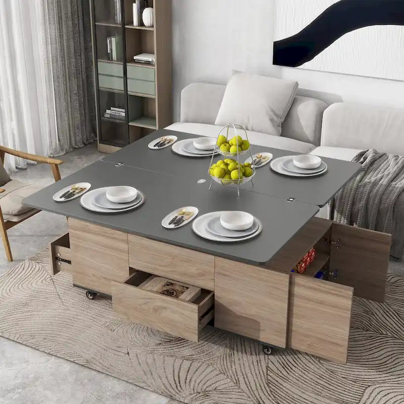 Table basse relevable marron/blanc avec rangement, pour 1 à 2 utilisateurs