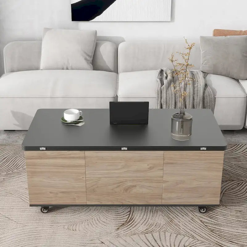 Table basse relevable marron/blanc avec rangement, pour 1 à 2 utilisateurs