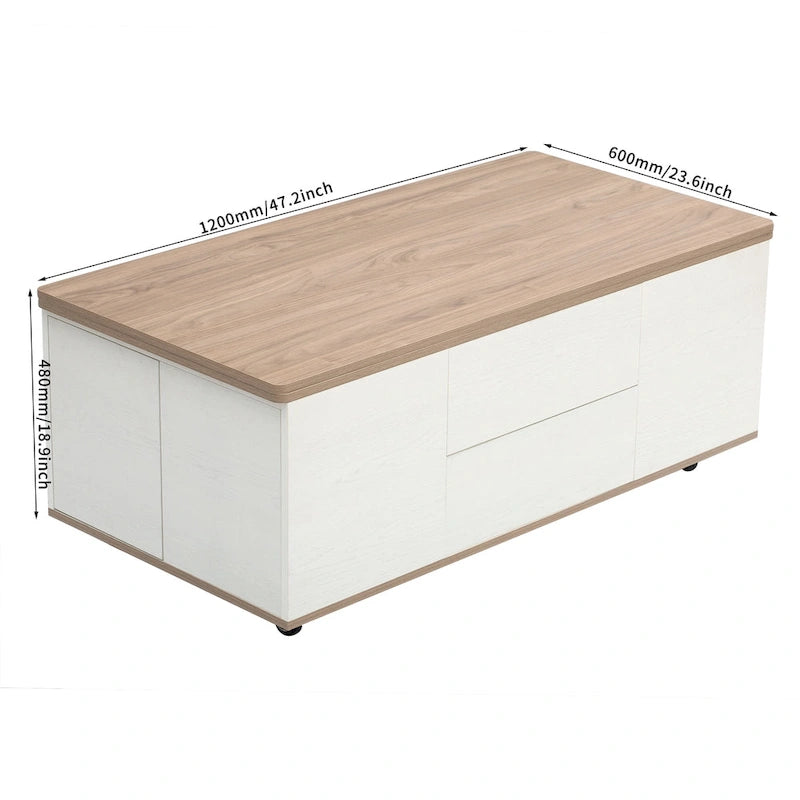 Table basse relevable marron/blanc avec rangement, pour 1 à 2 utilisateurs