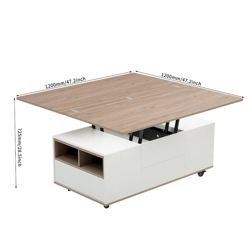 Table basse relevable marron/blanc avec rangement, pour 1 à 2 utilisateurs