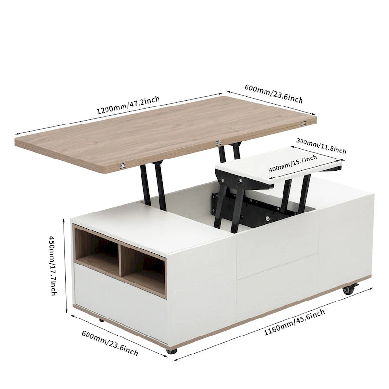 Table basse relevable marron/blanc avec rangement, pour 1 à 2 utilisateurs