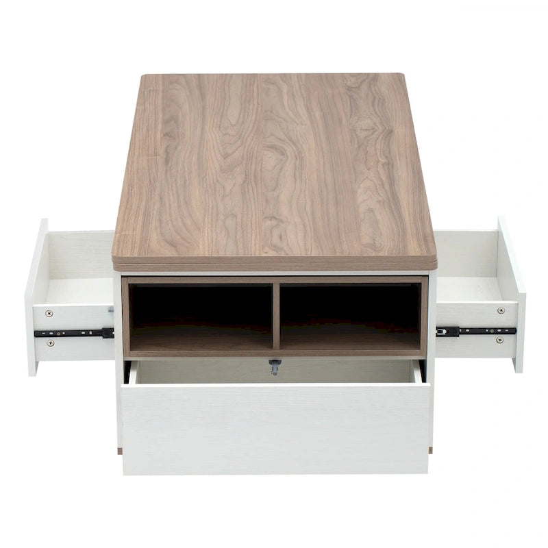 Table basse relevable marron/blanc avec rangement, pour 1 à 2 utilisateurs