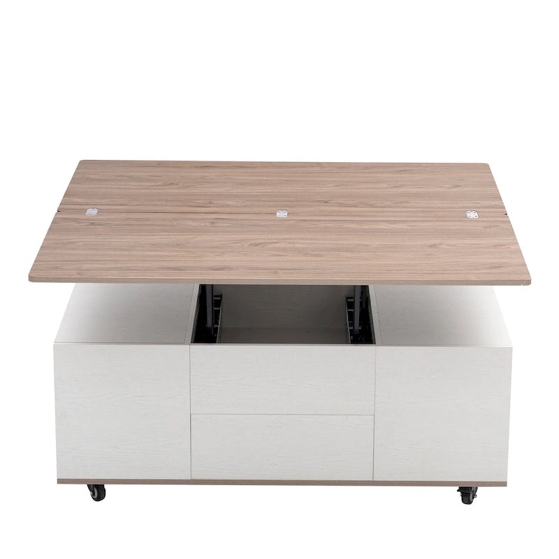 Table basse relevable marron/blanc avec rangement, pour 1 à 2 utilisateurs