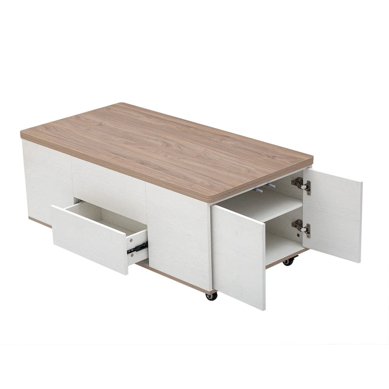 Table basse relevable marron/blanc avec rangement, pour 1 à 2 utilisateurs