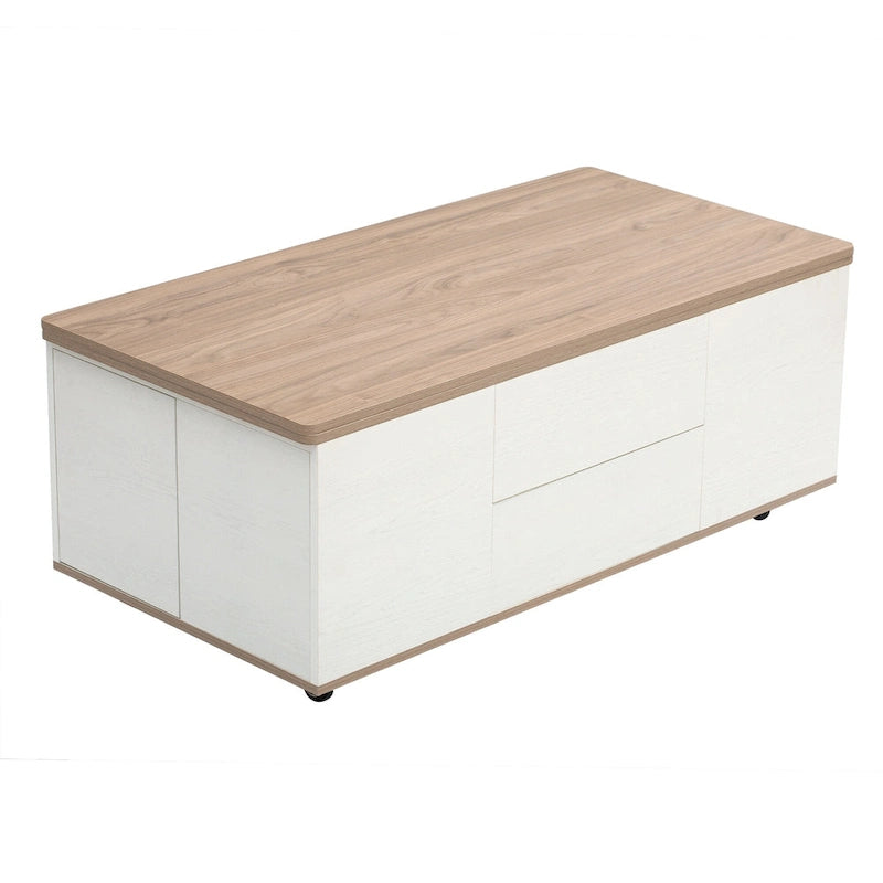 Table basse relevable marron/blanc avec rangement, pour 1 à 2 utilisateurs
