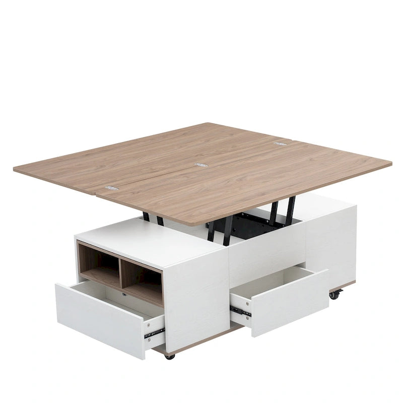 Table basse relevable marron/blanc avec rangement, pour 1 à 2 utilisateurs