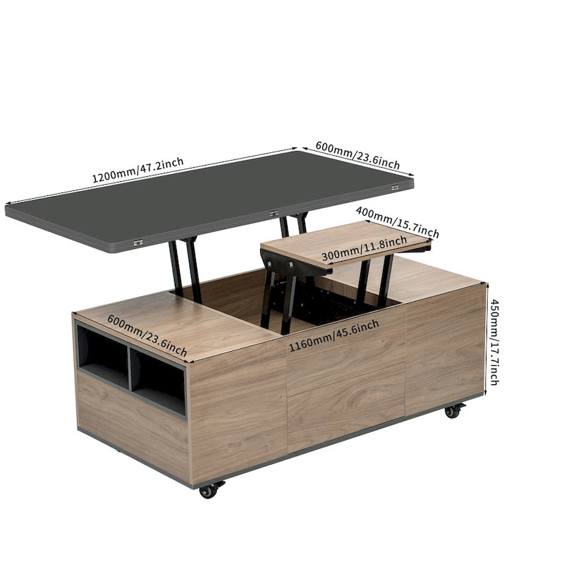 Table basse relevable marron/blanc avec rangement, pour 1 à 2 utilisateurs