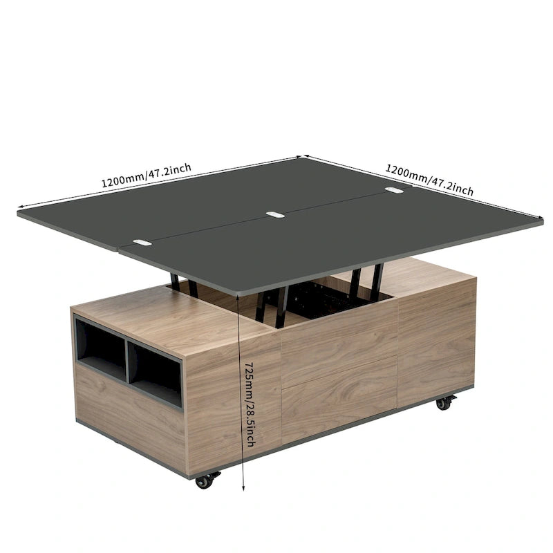 Table basse relevable marron/blanc avec rangement, pour 1 à 2 utilisateurs