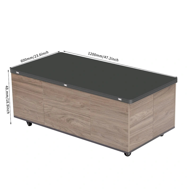 Table basse relevable marron/blanc avec rangement, pour 1 à 2 utilisateurs