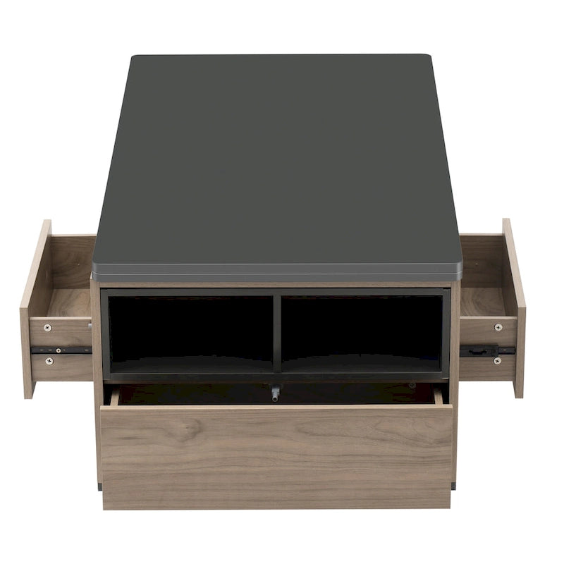 Table basse relevable marron/blanc avec rangement, pour 1 à 2 utilisateurs