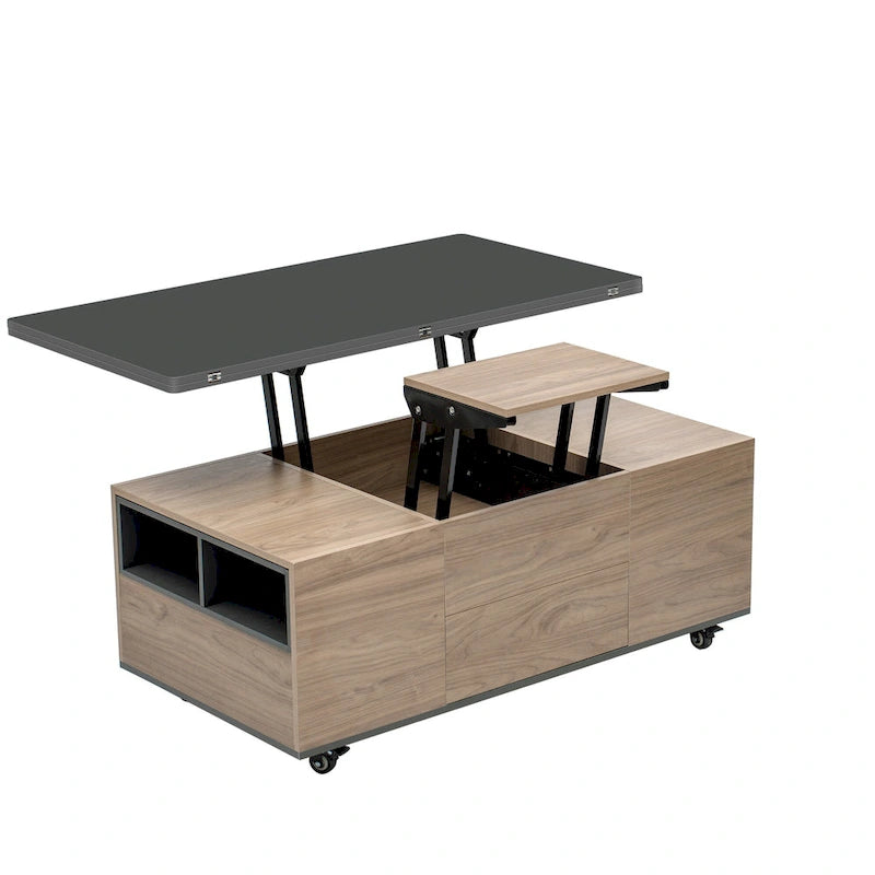 Table basse relevable marron/blanc avec rangement, pour 1 à 2 utilisateurs