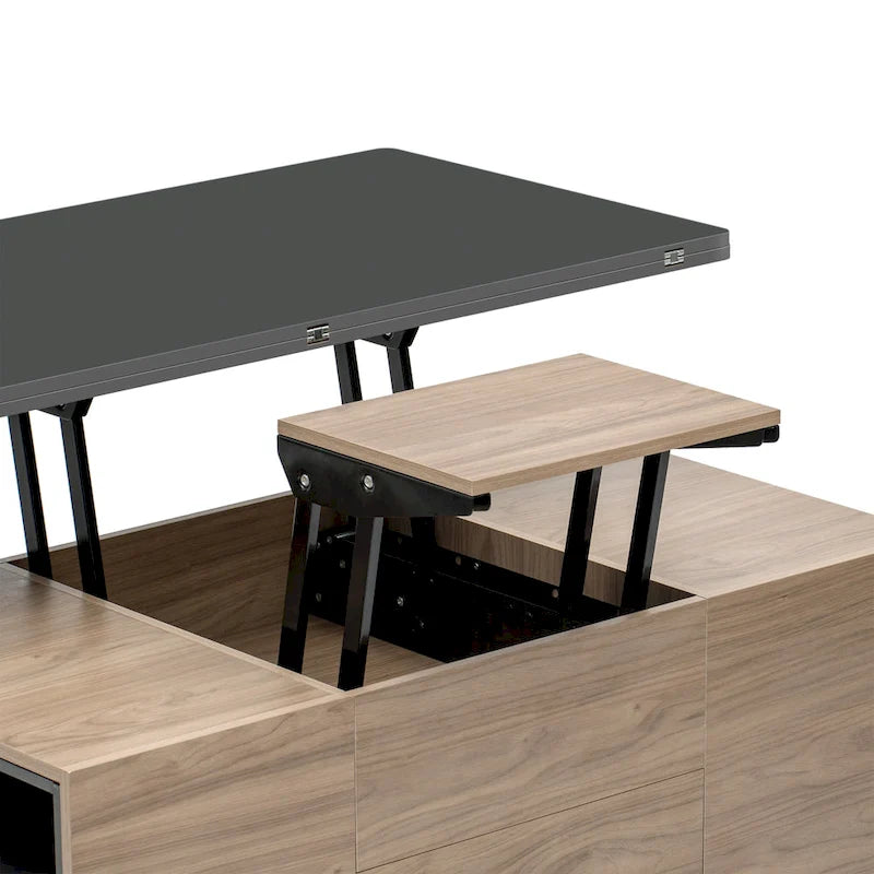 Table basse relevable marron/blanc avec rangement, pour 1 à 2 utilisateurs