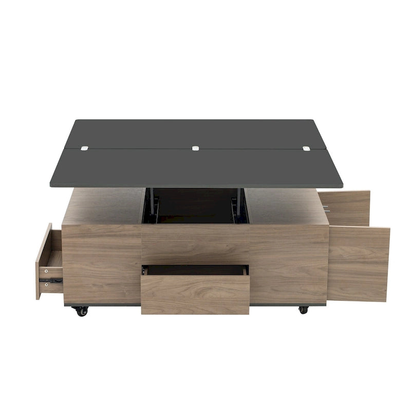 Table basse relevable marron/blanc avec rangement, pour 1 à 2 utilisateurs