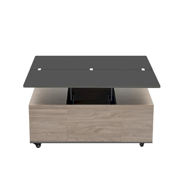 Table basse relevable marron/blanc avec rangement, pour 1 à 2 utilisateurs