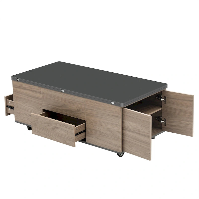 Table basse relevable marron/blanc avec rangement, pour 1 à 2 utilisateurs