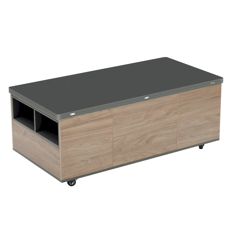 Table basse relevable marron/blanc avec rangement, pour 1 à 2 utilisateurs