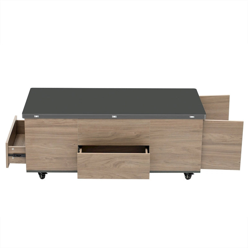 Table basse relevable marron/blanc avec rangement, pour 1 à 2 utilisateurs