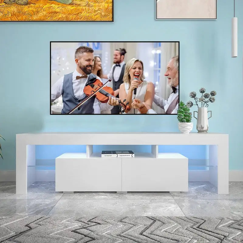 Meuble TV blanc avec LED, 2 tiroirs et étagères ouvertes, convient aux téléviseurs jusqu'à 70"