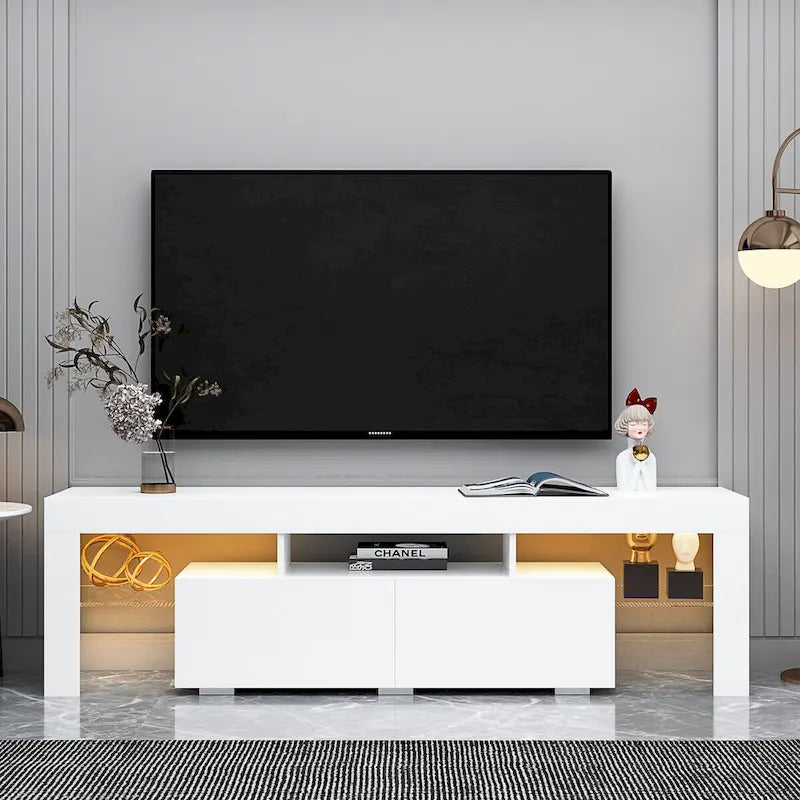 Meuble TV blanc avec LED, 2 tiroirs et étagères ouvertes, convient aux téléviseurs jusqu'à 70"