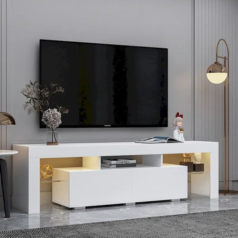 Meuble TV blanc avec LED, 2 tiroirs et étagères ouvertes, convient aux téléviseurs jusqu'à 70"